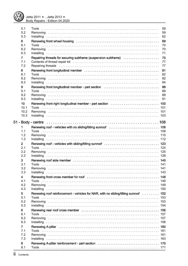 VW Jetta type AV 2010-2014 body repairs workshop repair manual pdf ebook file