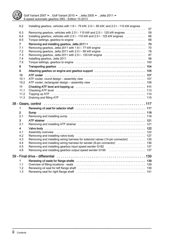 VW Jetta AV 2010-2014 6 speed automatic gearbox 09G repair workshop manual pdf