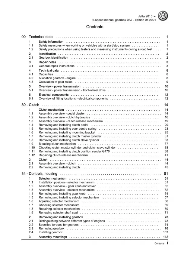 VW Jetta type AV 2014-2018 6 speed manual gearbox 0AJ repair workshop manual pdf