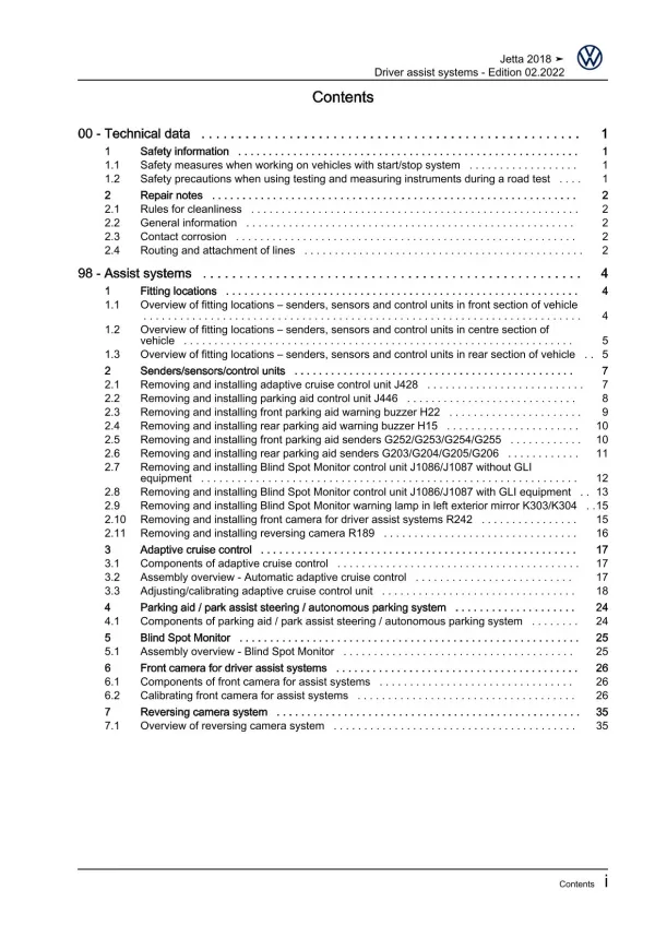 VW Jetta BU 2018-2021 drivers assist system repairs workshop manual pdf ebook