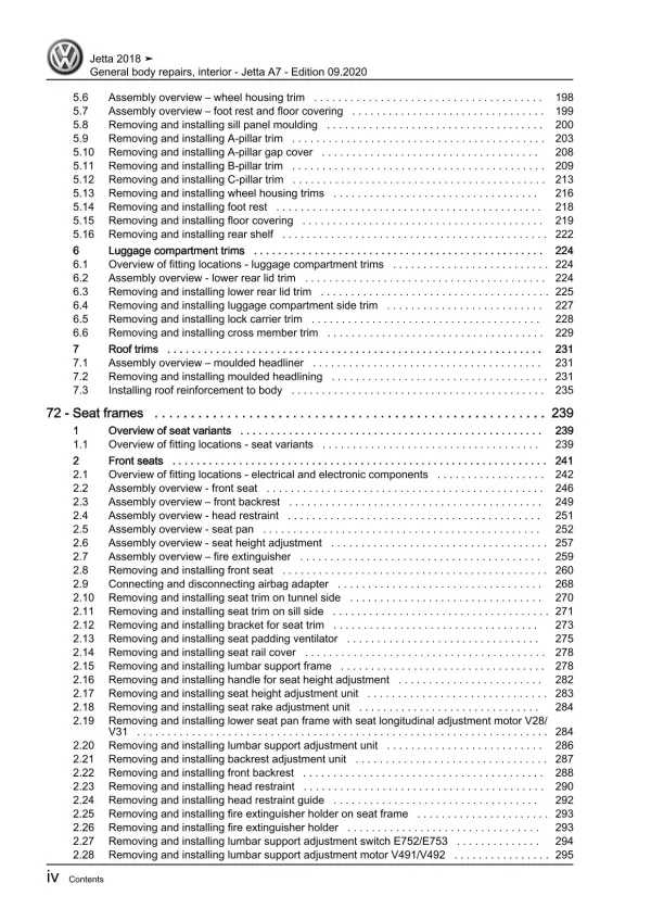 VW Jetta BU 2018-2021 general body repairs interior repair workshop manual pdf