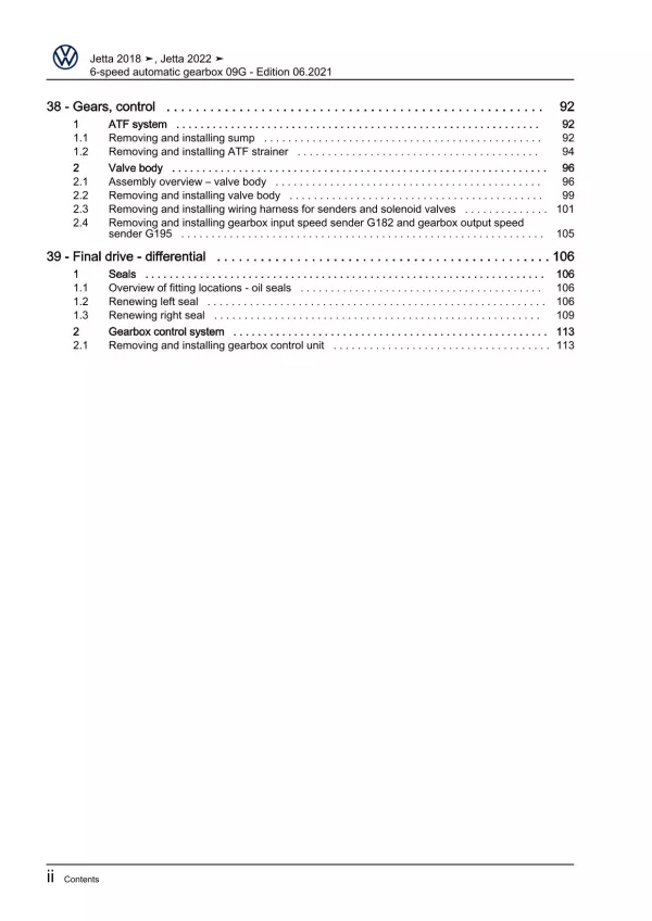 VW Jetta BU from 2018 6 speed automatic gearbox 09G repair workshop manual pdf