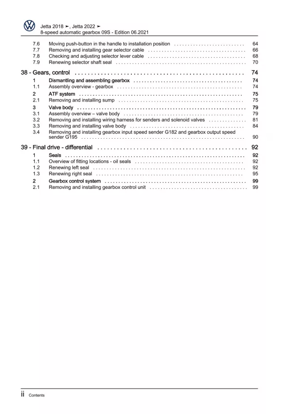 VW Jetta BU from 2018 8 speed automatic gearbox 09S repair workshop manual pdf