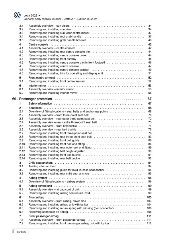 VW Jetta BU from 2021 general body repairs interior repair workshop manual pdf