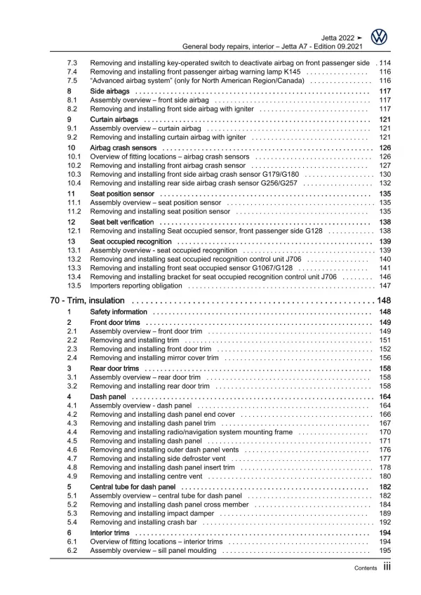 VW Jetta BU from 2021 general body repairs interior repair workshop manual pdf