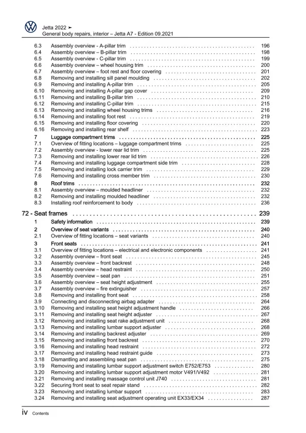 VW Jetta BU from 2021 general body repairs interior repair workshop manual pdf