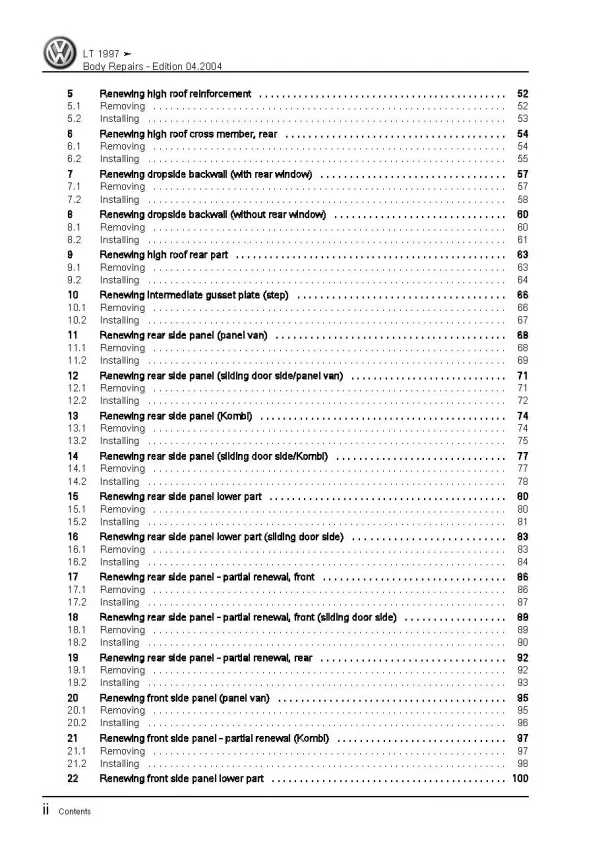 VW LT type 2D 1996-2006 body repairs workshop repair manual pdf ebook file