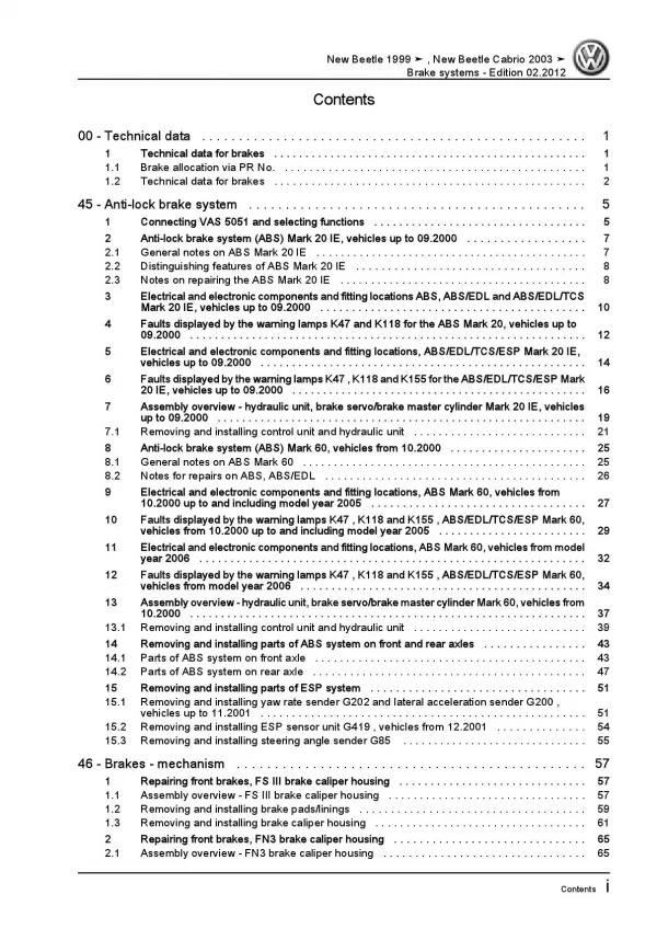 VW New Beetle Cabrio type 1Y 2003-2010 brake systems repair workshop manual pdf