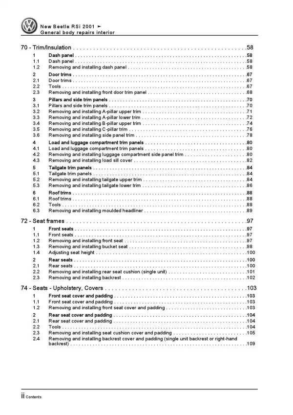 VW New Beetle RSi 9G 2001-2005 general body repairs interior repair manual pdf