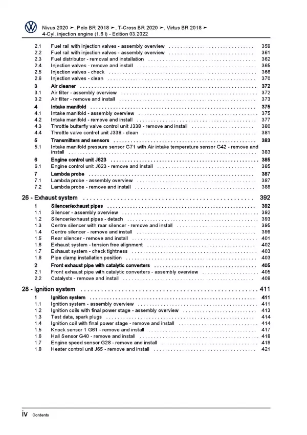VW Nivus CS from 2020 4-cyl. petrol engines 110 hp repair workshop manual pdf