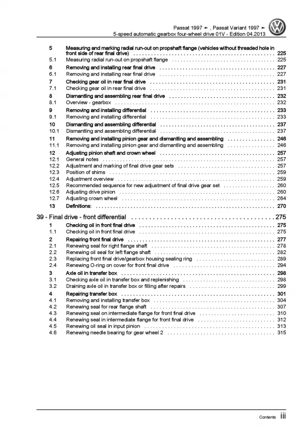 VW Passat 3B (96-05) 5 speed automatic gearbox 01V repair workshop manual eBook