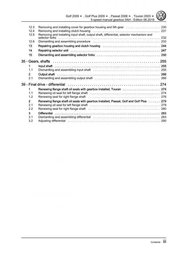 VW Passat 6 type 3C 2004-2010 5 speed manual gearbox 0AH repair workshop eBook