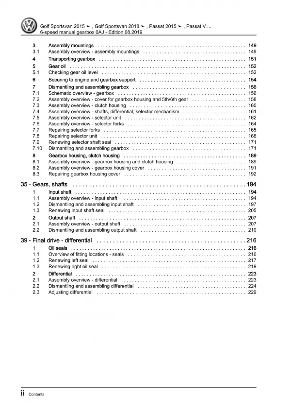 VW Passat 8 3G (14-19) 6 speed manual gearbox 0AJ repair workshop guide eBook