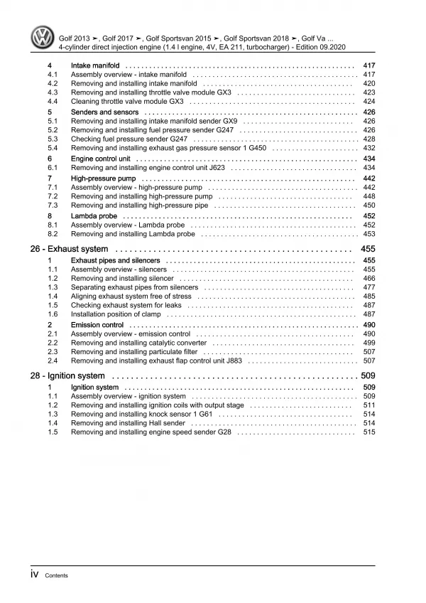 VW Passat 8 3G (14-19) 4-cyl 1.4l petrol engine 122-150 hp repair workshop eBook