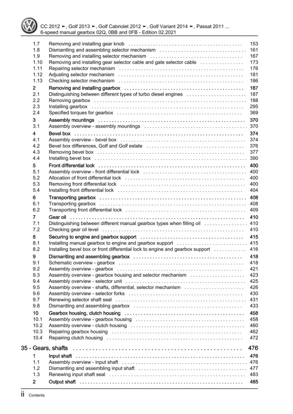 VW Passat CC 35 (12-16) 6-speed manual gearbox 02Q/0BB/0FB repair workshop eBook