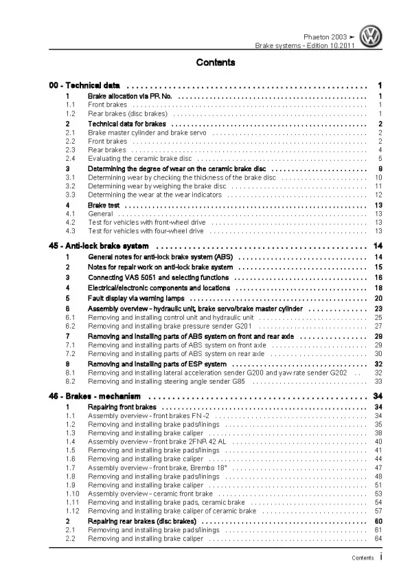 VW Phaeton type 3D 2001-2016 brake systems repair workshop manual pdf ebook
