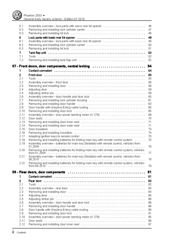 VW Phaeton 3D 2001-2016 general body repairs exterior repair workshop manual pdf