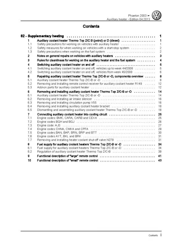 VW Phaeton type 3D 2001-2016 auxiliary heater repair workshop manual pdf ebook
