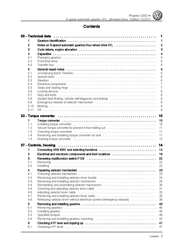 VW Phaeton 3D 01-16 5 speed automatic gearbox 01L AWD repair workshop manual pdf