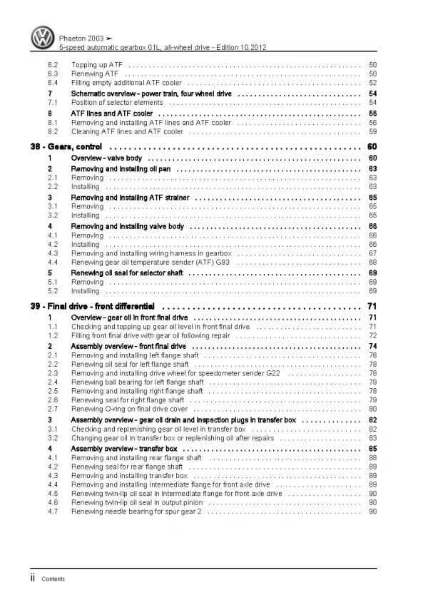 VW Phaeton 3D 01-16 5 speed automatic gearbox 01L AWD repair workshop manual pdf