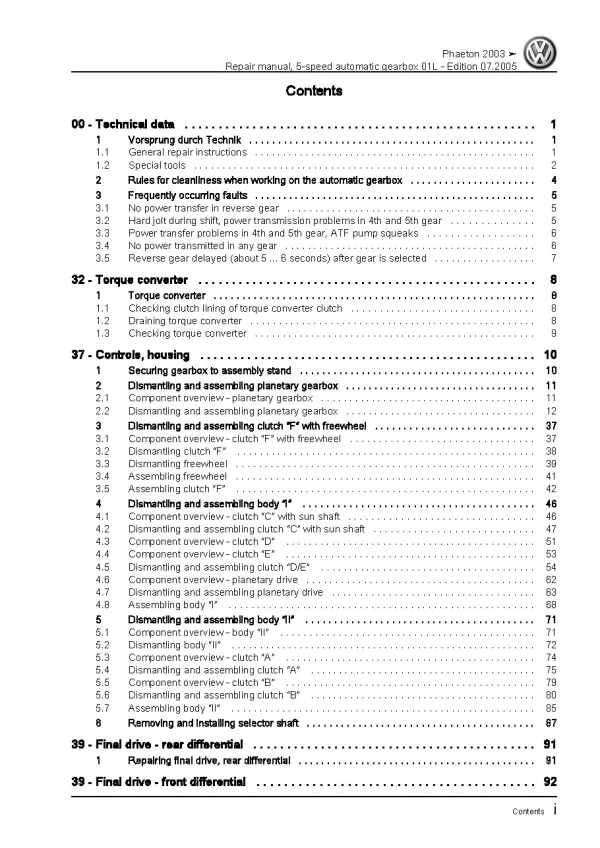 VW Phaeton 3D 2001-2016 5 speed automatic gearbox 01L repair workshop manual pdf