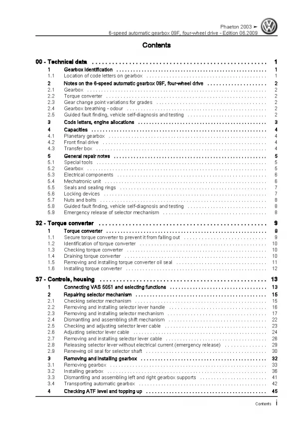 VW Phaeton 3D (01-16) 6 speed automatic gearbox 09F repair workshop manual pdf