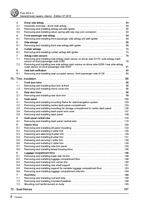 VW Polo 5 6C 2014-2017 general body repairs interior repair workshop manual pdf