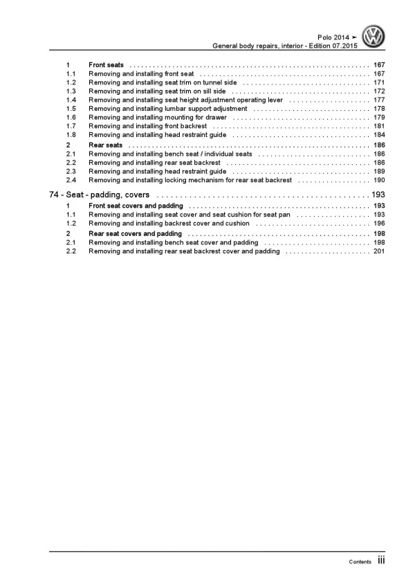 VW Polo 5 6C 2014-2017 general body repairs interior repair workshop manual pdf