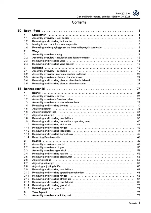 VW Polo 5 6C 2014-2017 general body repairs exterior repair workshop manual pdf