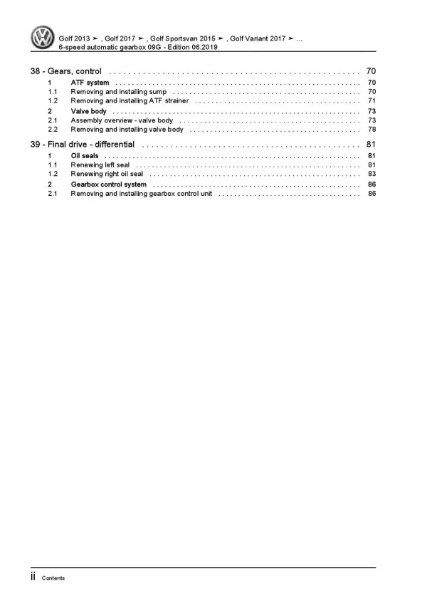 VW Polo 5 6C 2014-2017 6 speed automatic gearbox 09G repair workshop manual pdf