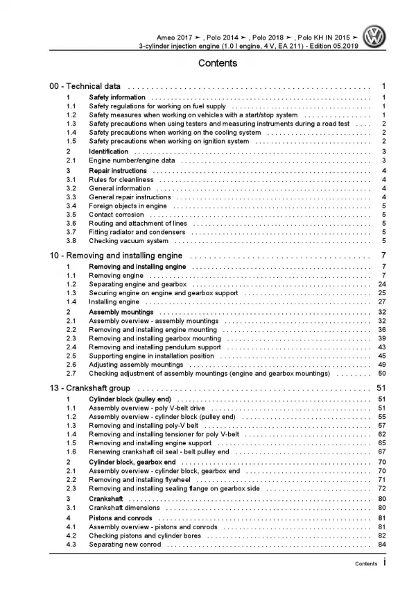 VW Polo 5 type 6C (14-17) 3-cyl. 1.0l petrol engines 60-76 hp repair manual pdf