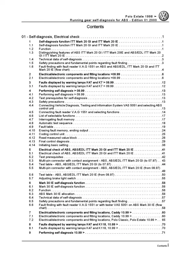 VW Polo 3 Estate 6K 1997-2001 running gear brake self-diagnosis workshop manual