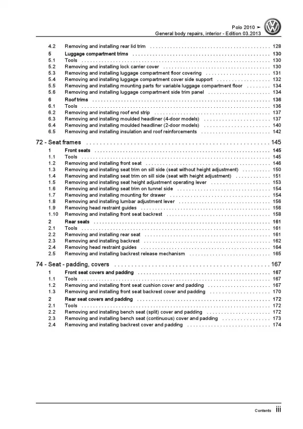 VW Polo 5 6R 2009-2013 general body repairs interior repair workshop manual pdf