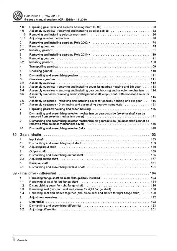 VW Polo 5 6R 2009-2013 5 speed manual gearbox 02R repair workshop manual pdf