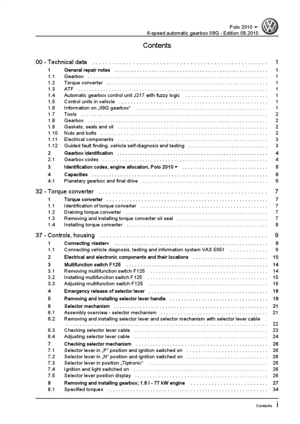 VW Polo 5 6R 2009-2013 6 speed automatic gearbox 09G repair workshop manual pdf