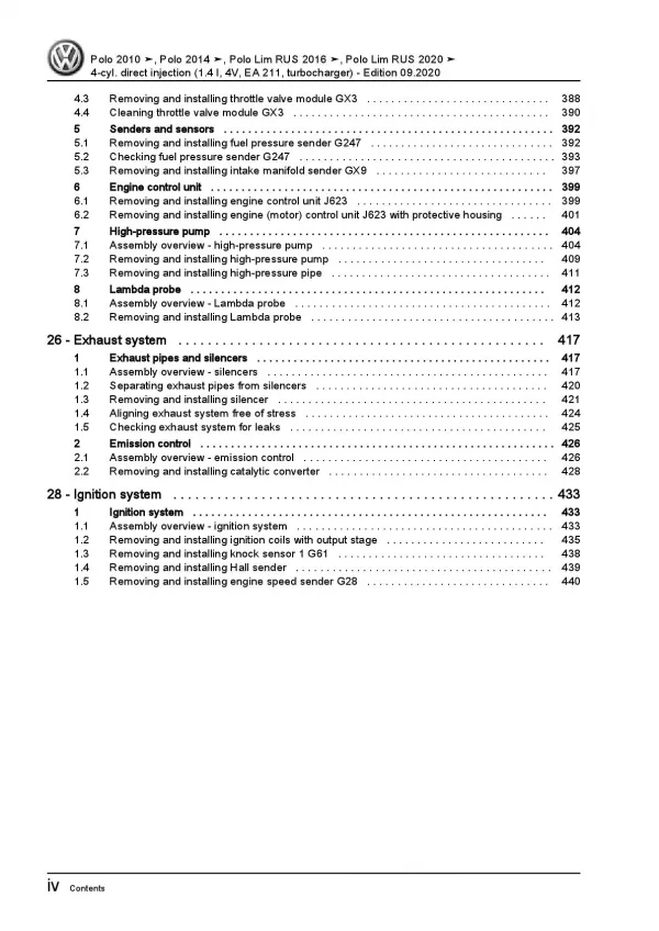 VW Polo 5 6R 2009-2013 4-cyl. 1.4l petrol engines 125-150 hp repair manual pdf