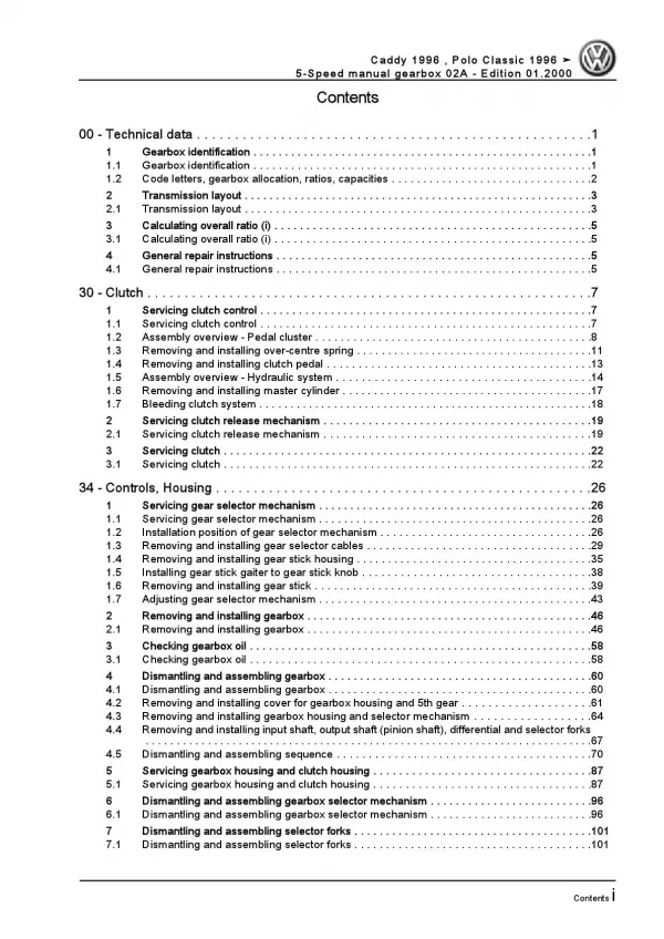 VW Polo 3 Classic 6V 95-02 5 speed manual gearbox 02A repair workshop manual pdf