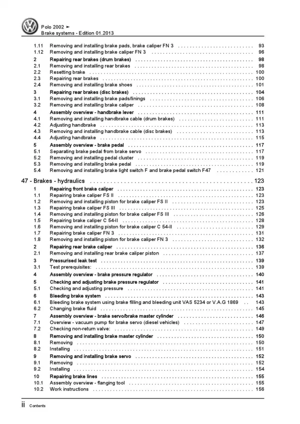 VW Polo 4 type 9N 2001-2010 brake systems repair workshop manual pdf ebook file