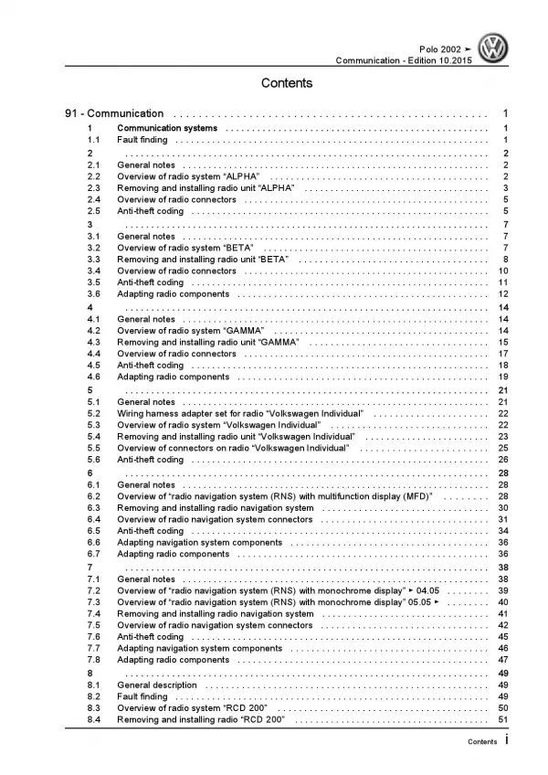 VW Polo 4 9N 2001-2010 communication radio navigation repair workshop manual pdf