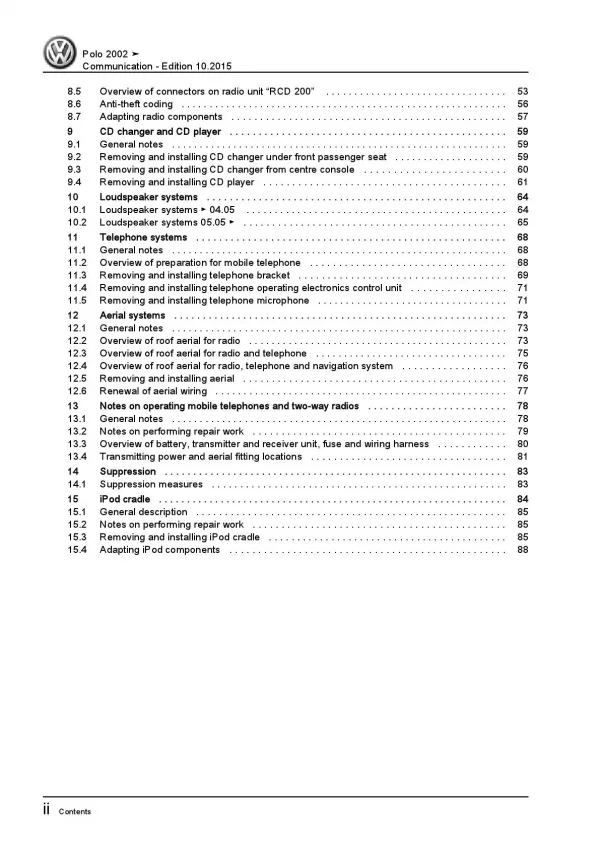 VW Polo 4 9N 2001-2010 communication radio navigation repair workshop manual pdf