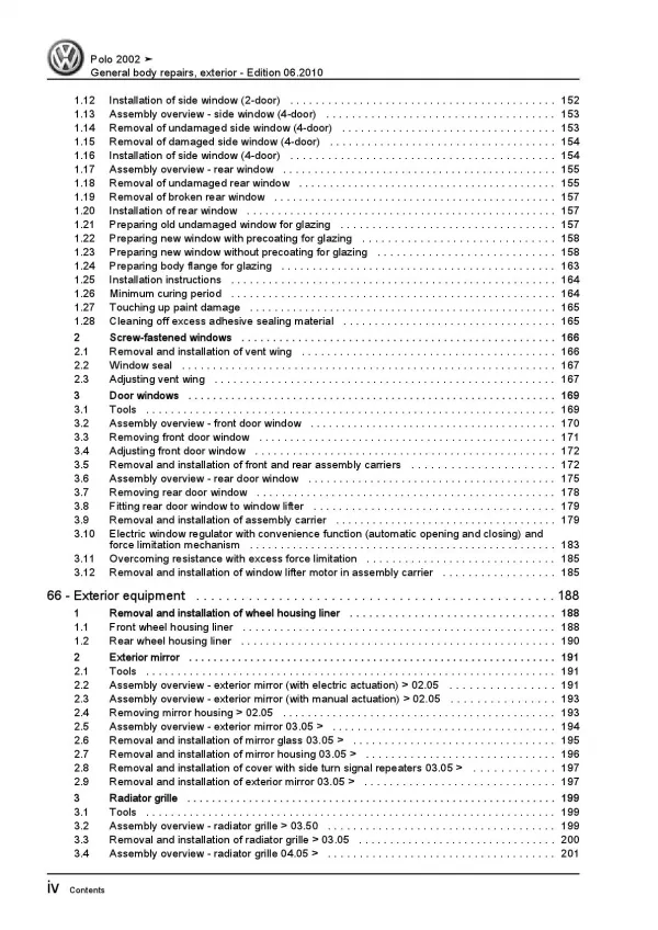 VW Polo 4 9N 2001-2010 general body repairs exterior repair workshop manual pdf