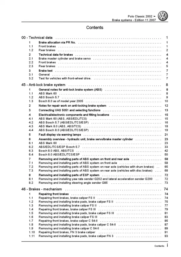 VW Polo 4 Classic 9N 2004-2010 brake systems repair workshop manual pdf ebook