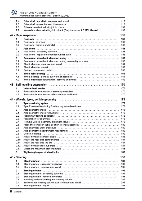 VW Polo 6 BZ from 2017 running gear axles steering repair workshop manual pdf