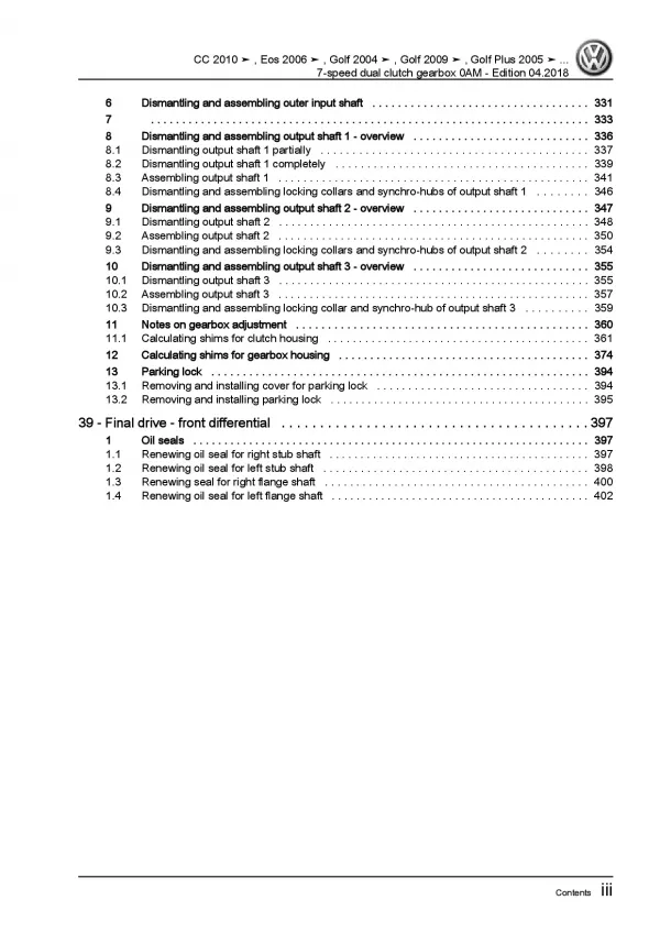 VW Scirocco (08-14) 7 speed dual clutch gearbox 0AM repair workshop manual eBook