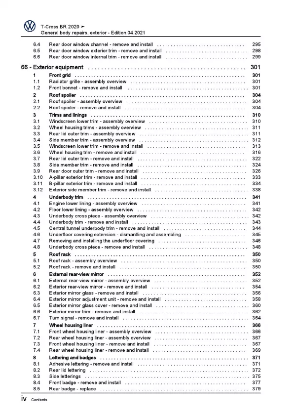 VW T-Cross BR type C1 from 2019 general body repairs exterior repair manual pdf