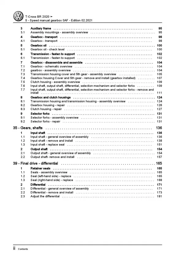 VW T-Cross BR C1 from 2019 5 speed manual gearbox 0AF repair workshop manual pdf