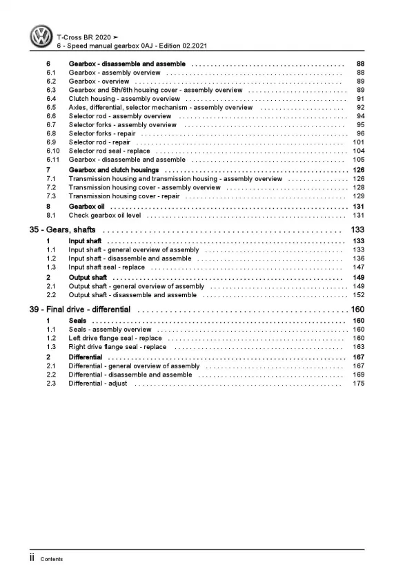 VW T-Cross BR C1 from 2019 6 speed manual gearbox 0AJ repair workshop manual pdf