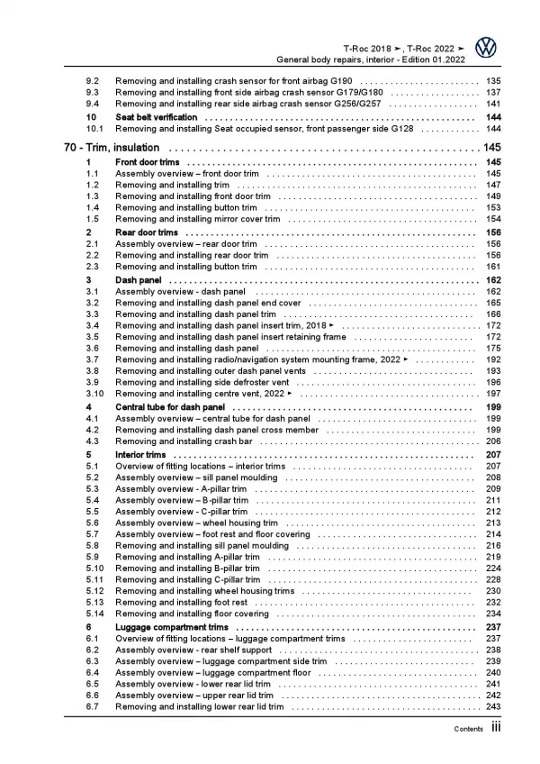 VW T-Roc A1 D1 (17-23) general body repairs interior repair workshop manual pdf