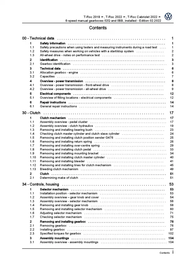 VW T-Roc A1 D1 17-23 installed 6 speed manual gearbox 02Q 0BB repair manual pdf