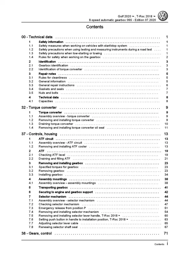 VW T-Roc A1 2017-2021 8 speed automatic gearbox 09S repair workshop manual pdf